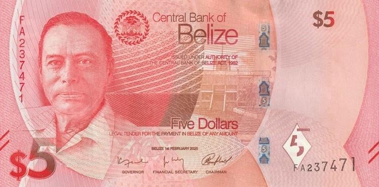 Belize bankbiljet 5 Dollars George Cadle Price 2025, P.W.74, Ophalen of Verzenden, Midden-Amerika, Los biljet
