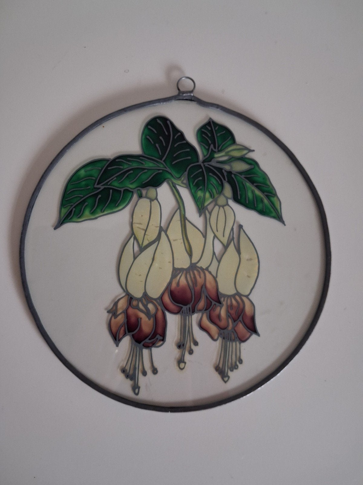 ANTIEK ROND OP GLAS GESCHILDERD BLOEMEN SCHILDERIJTJE, Huis en Inrichting, Woonaccessoires | Schilderijen, Tekeningen en Foto's