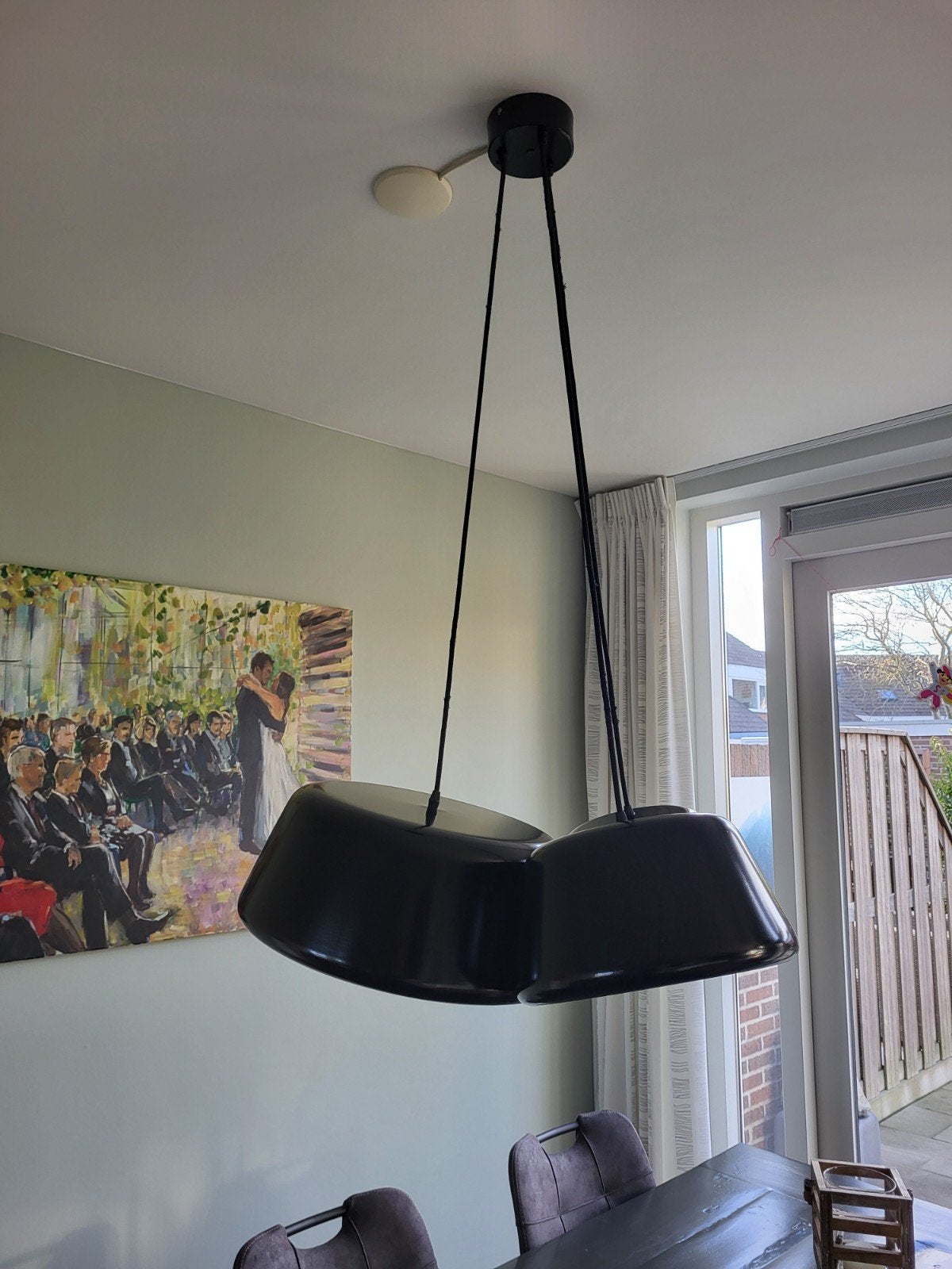 Moderne hanglamp met drie kappen - Zwart, Ophalen, Gebruikt, E27 (groot), Metaal