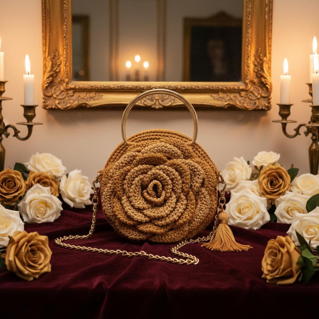 Gehaakte handtas roos – Golden Rose – Victoriaans, Ophalen of Verzenden, Nieuw, Overige kleuren, Handtas