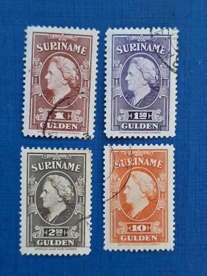 Postzegel Suriname 1945 4 zegels Groot Kon Wilhelmina 07-08, Ophalen of Verzenden, Gestempeld