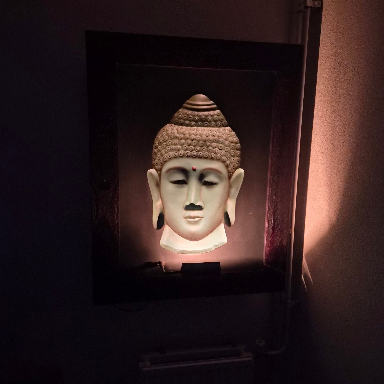 Boeddha hoofd met verlichting in houten lijst, Ophalen, Gebruikt, Met verlichting, Meerkleurig