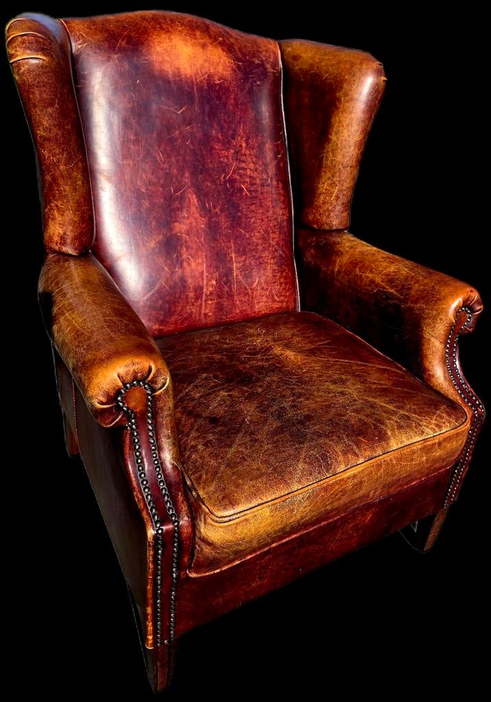 2 Vintage schapenleren Fauteuils Chesterfield + BEZORGING, Huis en Inrichting, Fauteuils, Gebruikt, Chesterfield, Klassiek, Vintage