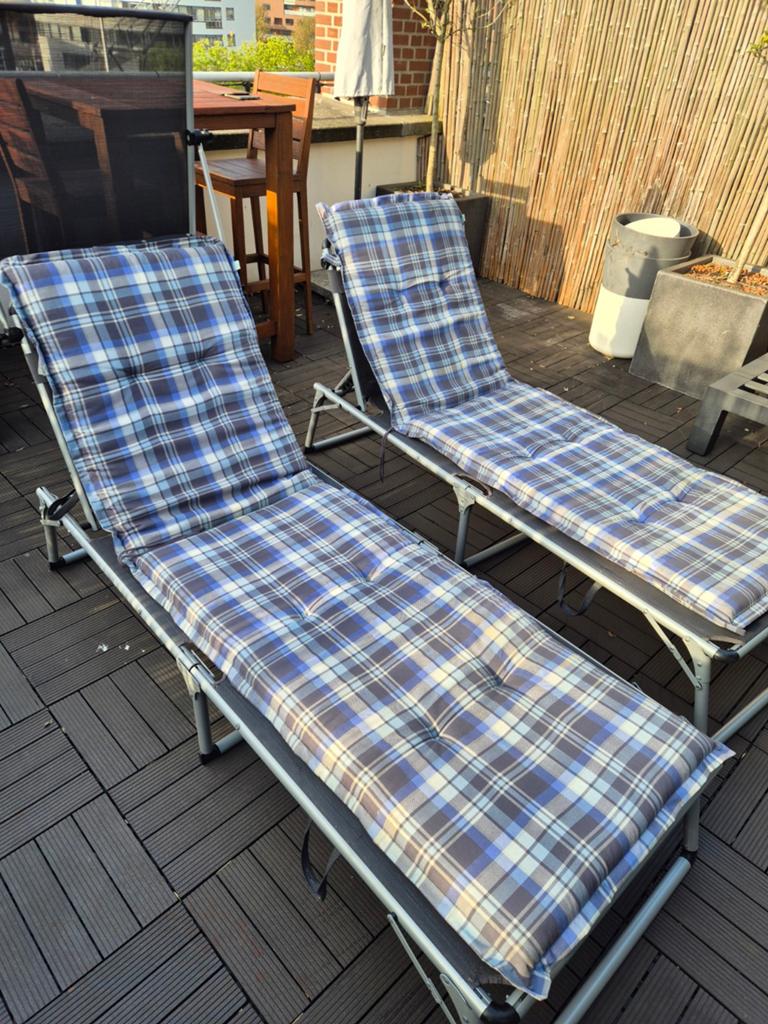 2 inklapbare ligbedden incl. zachte kussens voor in de tuin, Tuin en Terras, Ophalen, Gebruikt