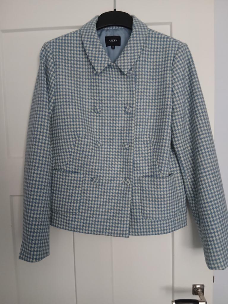 Purdey Blazer - Lichtblauw Pied-de-Poule Jasje, Kleding | Dames, Jasjes, Kostuums en Pakken, Zo goed als nieuw, Jasje, Maat 38/40 (M)