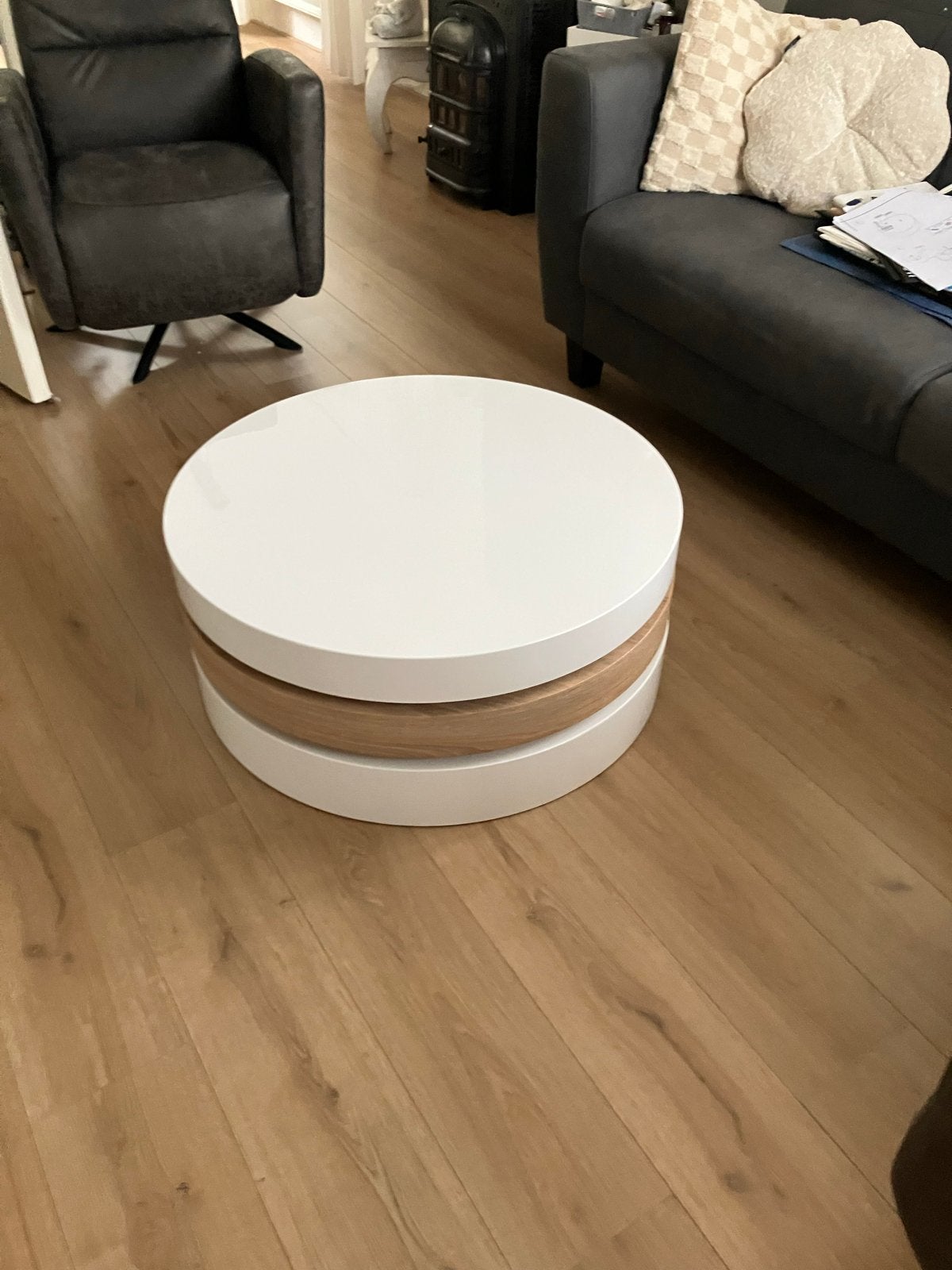 Moderne ronde salontafel wit met hout, Huis en Inrichting, Tafels | Salontafels, Ophalen, Rond, Nieuw, 50 tot 100 cm