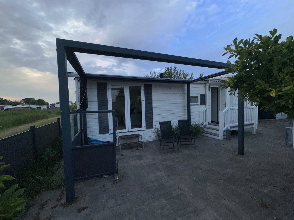 Terrasoverkapping met knikarmscherm electrisch, Tuin en Terras, Ophalen, Gebruikt, 450 cm of meer, Elektrisch