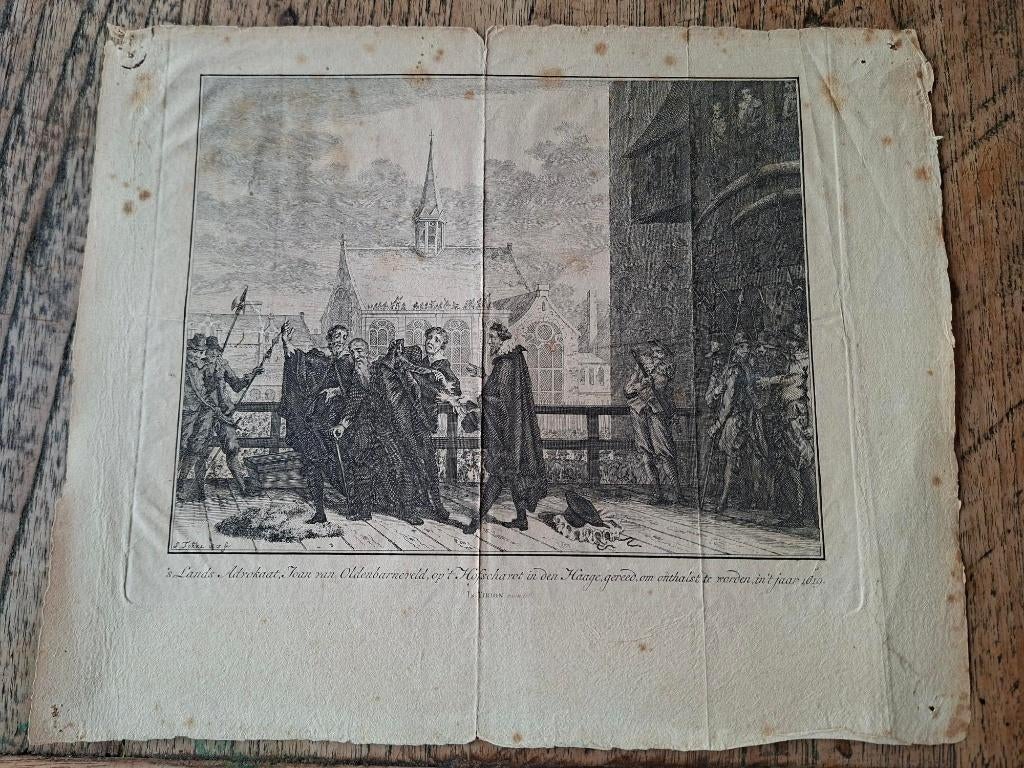 Antieke prent – Executie van Johan van Oldenbarnevelt (1619), Antiek en Kunst, Kunst | Etsen en Gravures, Ophalen, Portret, Gravure