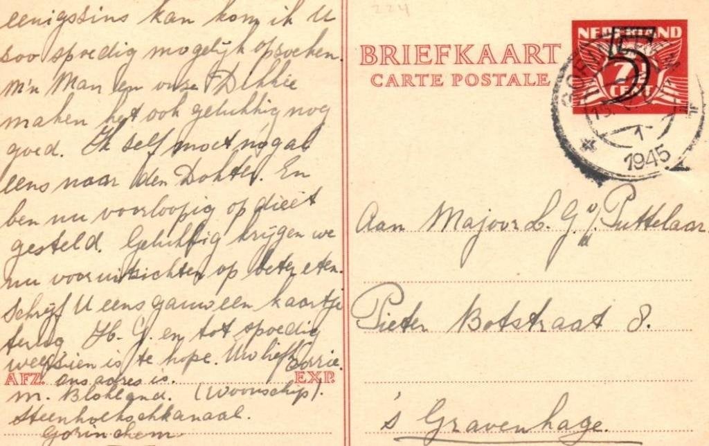 Briefkaart 5 cent overdruk over 7½ ct rood - gelopen 1945, Ophalen, Briefkaart