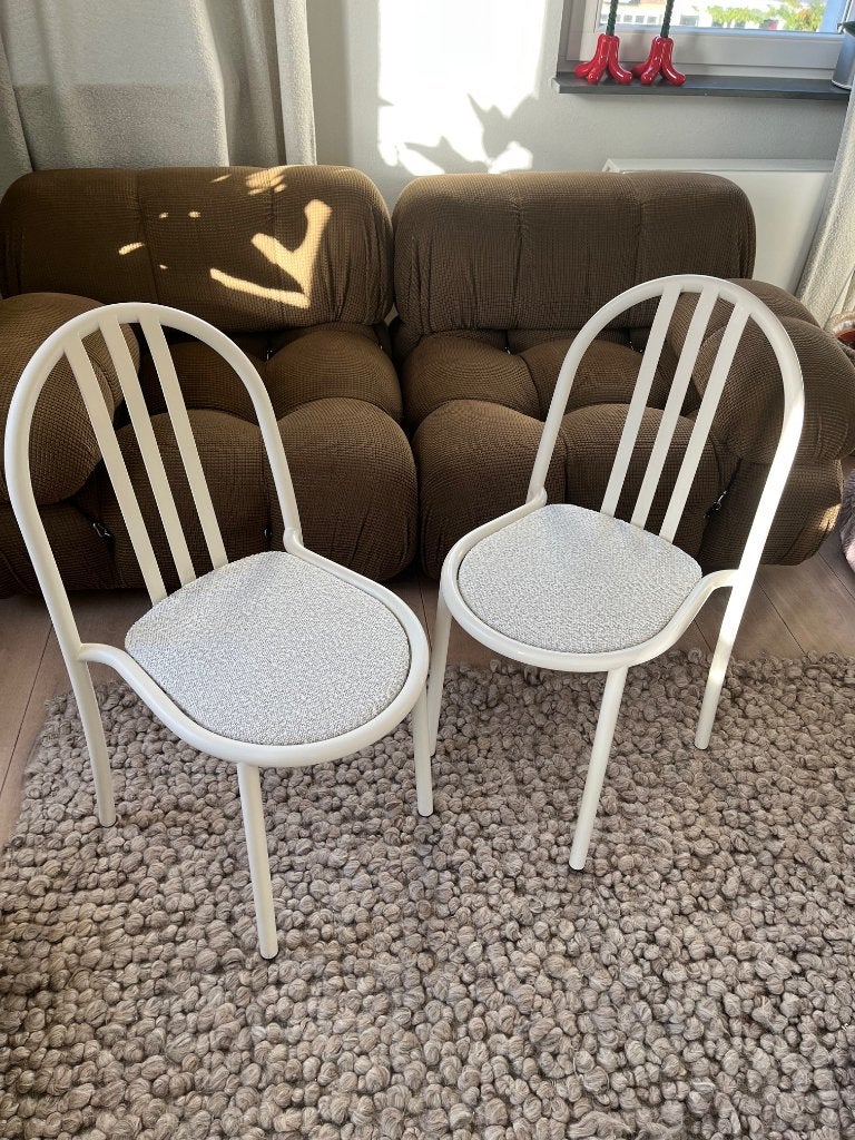 Robert Mallet-Stevens beige metalen stoelen stoffen zitting, Twee, Hout, Wit, Ophalen of Verzenden