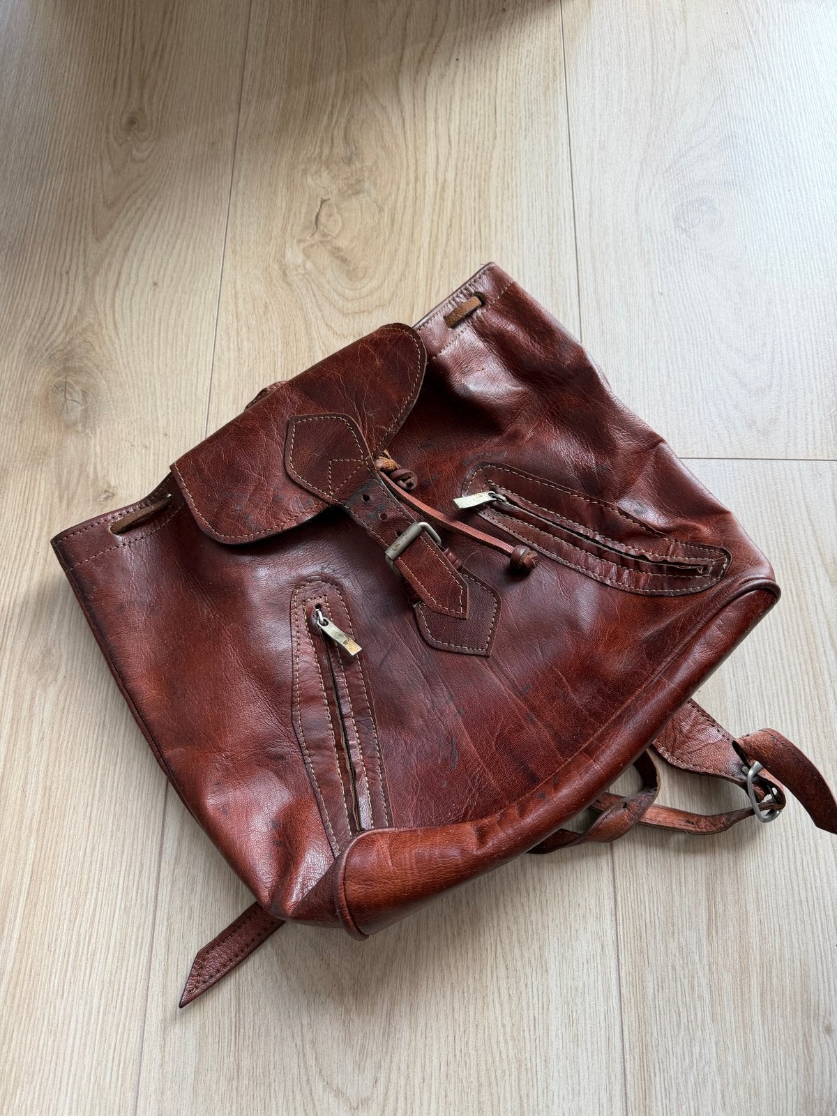 Vintage Leren Rugzak - Bruin, Gebruikt, 25 tot 40 cm, 30 tot 45 cm, Ophalen
