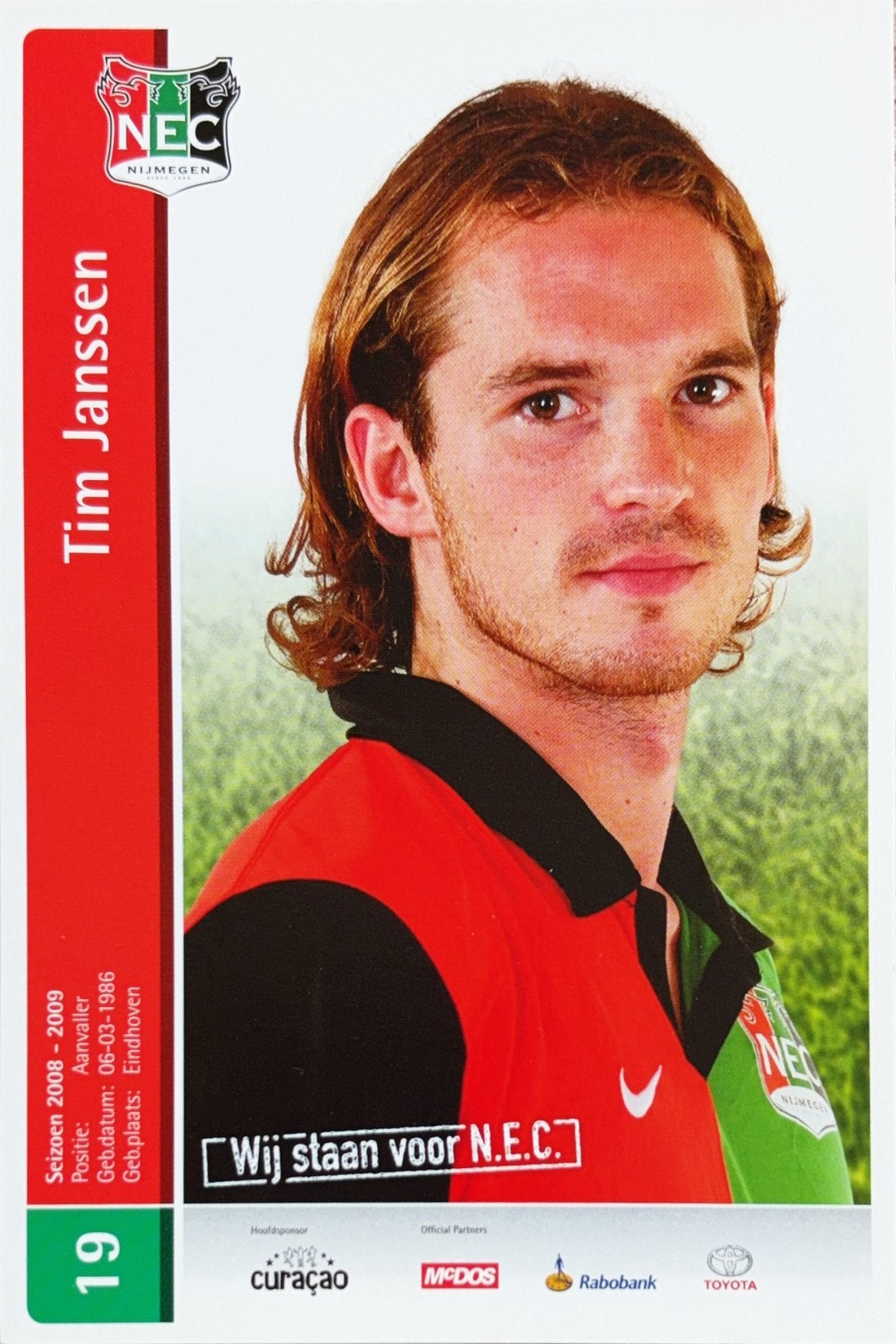 Spelerskaart Tim Janssen - NEC Nijmegen - seizoen 2008/2009, Ophalen of Verzenden, Zo goed als nieuw, PSV, Spelerskaart