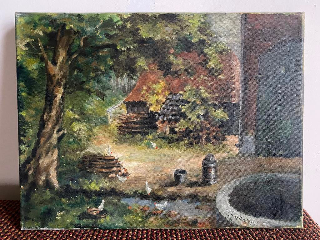 Schilderij van een boerenerf met kippen, Ophalen of Verzenden