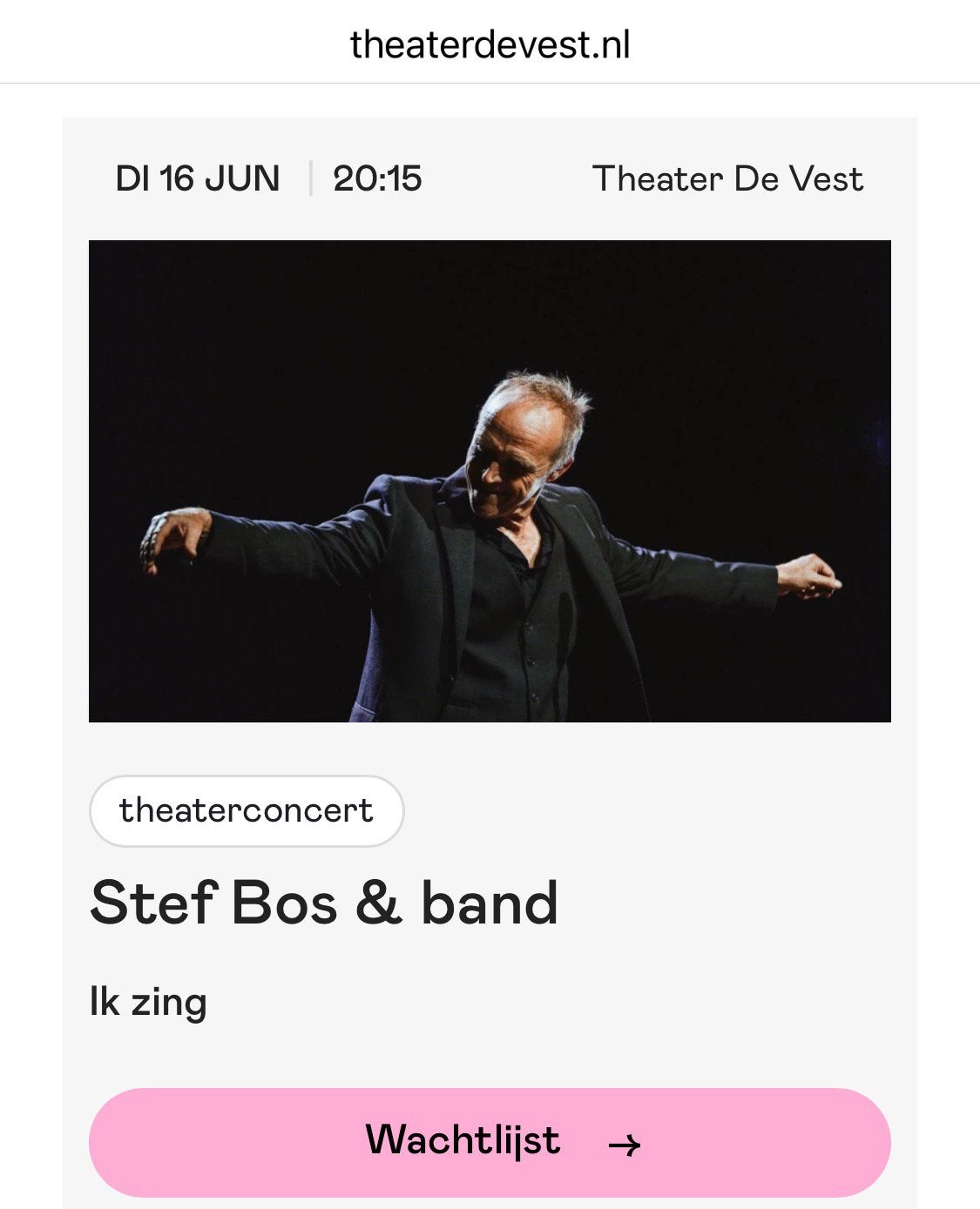 Stef Bos de Vest Alkmaar 2 kaartjes, Twee personen, Juni