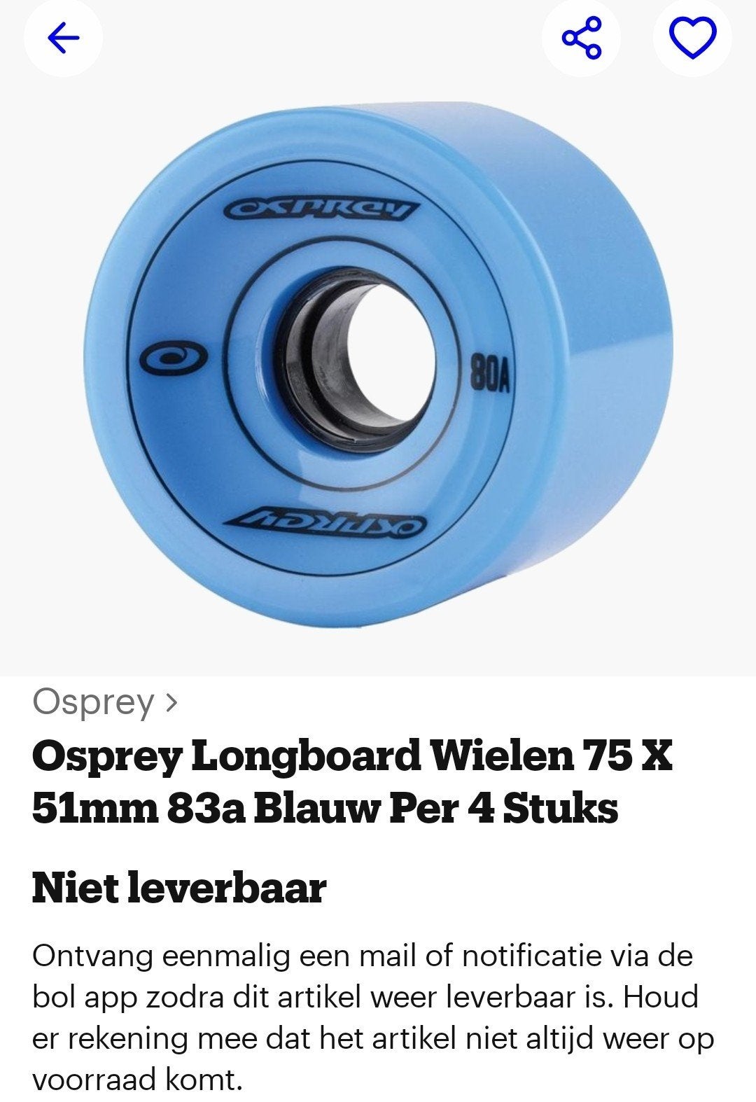 Osprey Longboard Wielen 70x51mm 80A Blauw (4 stuks), Ophalen of Verzenden, Nieuw, Overige typen, Longboard