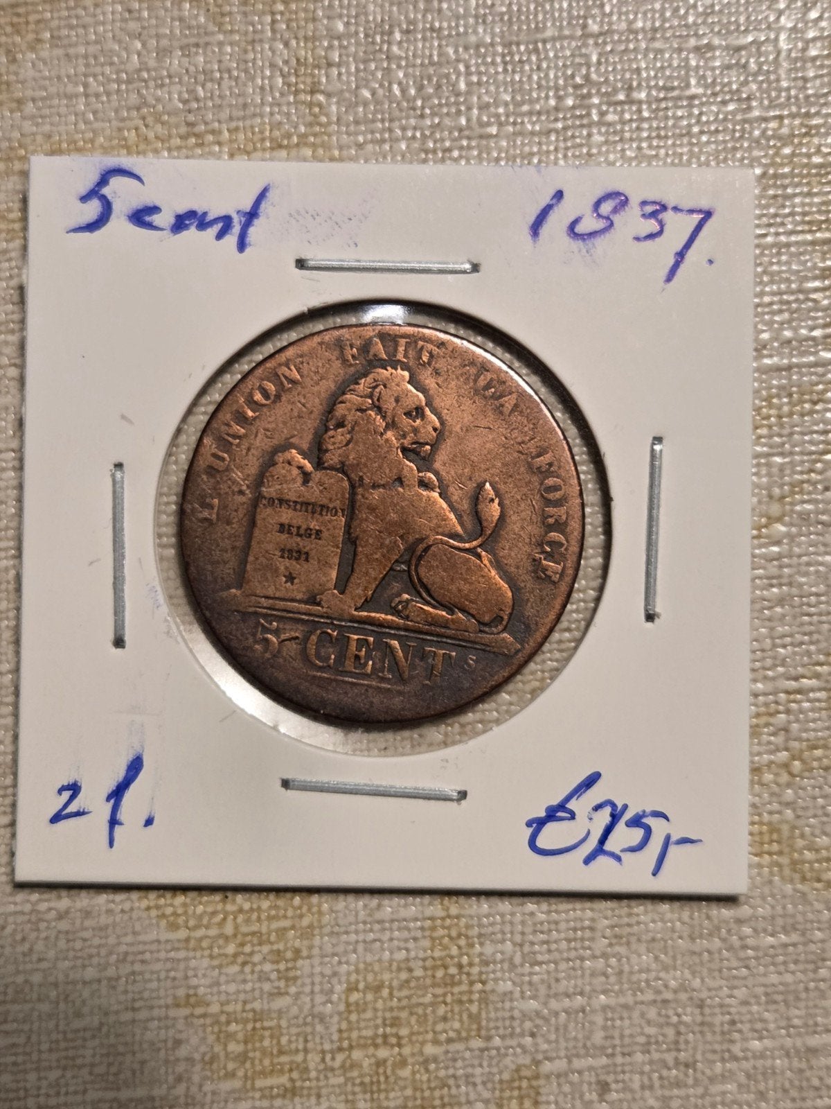 Zeldzame Belgische 5 Cent Leopold I munt uit 1837, Postzegels en Munten, Munten | België, Ophalen of Verzenden, Brons, Losse munt
