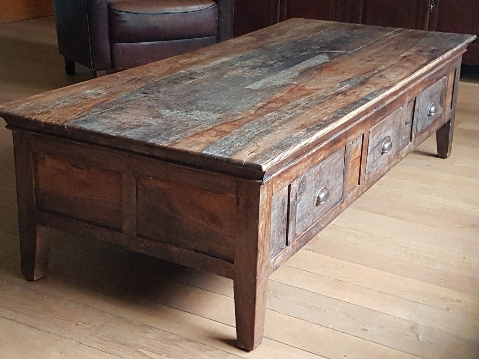 Koloniaal,Teak, Landelijk, Antiek  Salontafel met 6 Lades, Ophalen, Gebruikt, 100 tot 150 cm, Teakhout