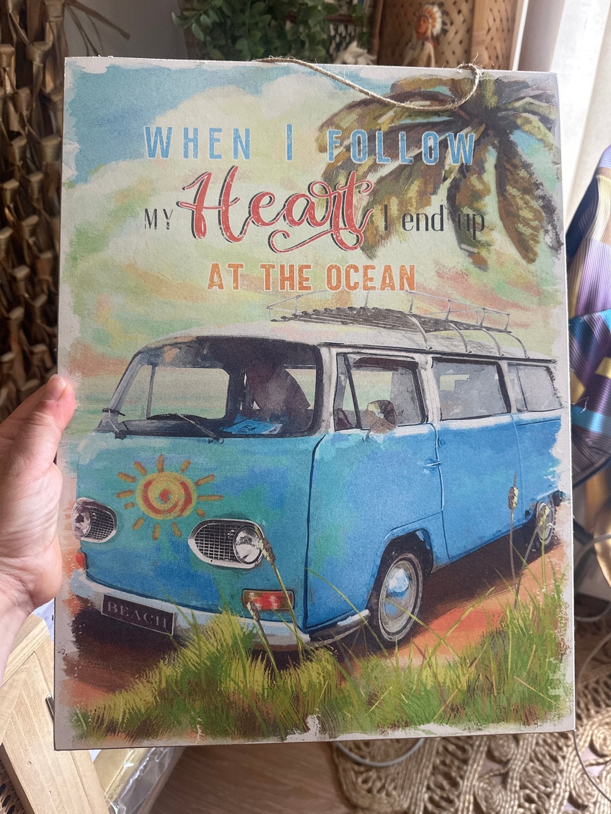 Wanddecoratie: VW busje 'When I follow my Heart', Gebruikt, 30 cm, Hout, Ophalen of Verzenden