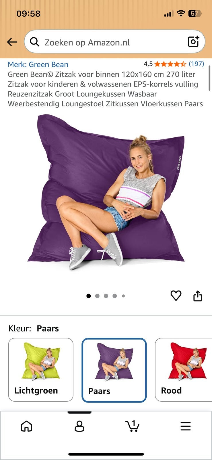 Greenbean Zitzak paars 120 bij 160 cm zgan, Huis en Inrichting, Zitzakken, Ophalen of Verzenden, Zo goed als nieuw