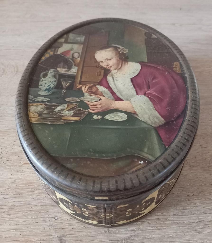 Groot ovaal vintage brocante blik dame m oesters DBF, Verzamelen, Ophalen of Verzenden, Gebruikt, Overige