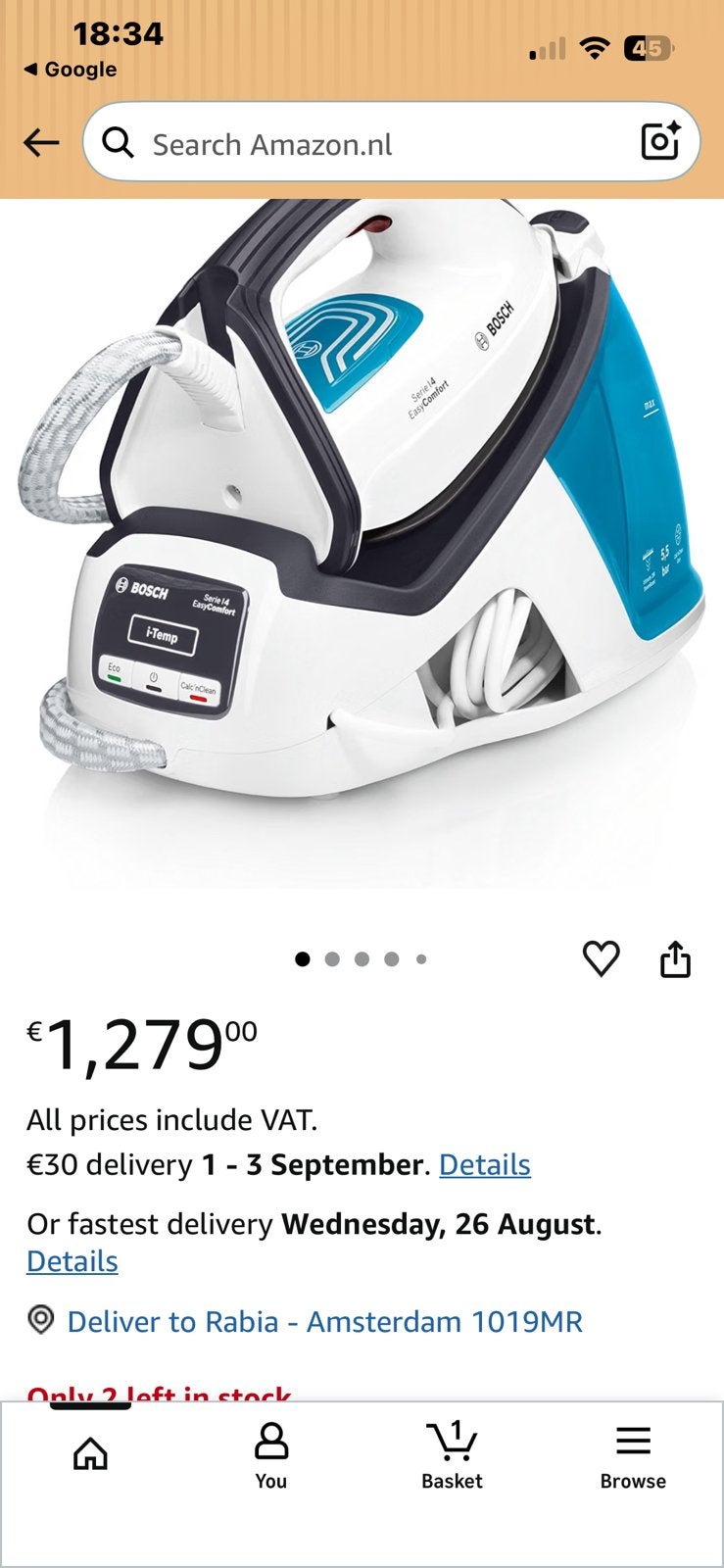 Bosch Serie 4 EasyComfort Stoomgenerator Strijkijzer, Ophalen of Verzenden, Zo goed als nieuw, Strijkijzer met snoer