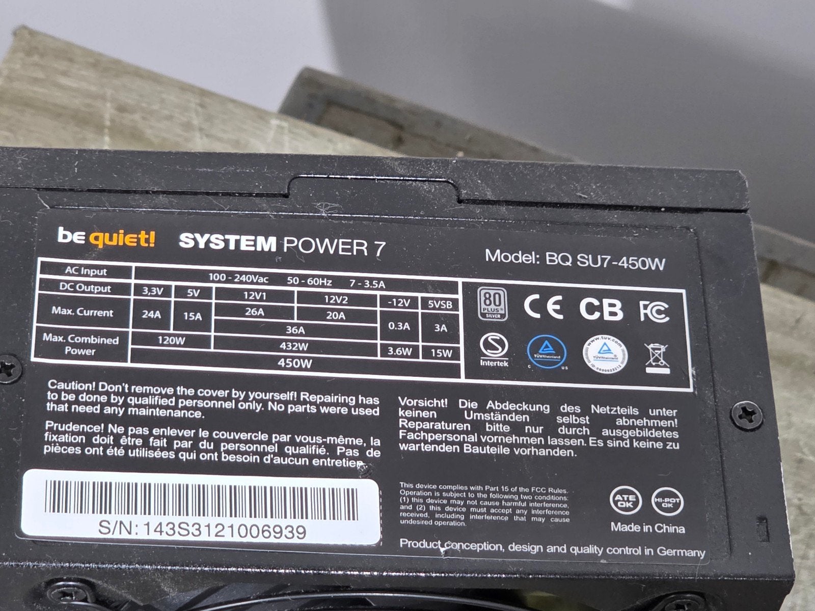 Be quiet 450w max voeding psu power supply bq Su7-450w, Gebruikt, ., Ophalen of Verzenden, .