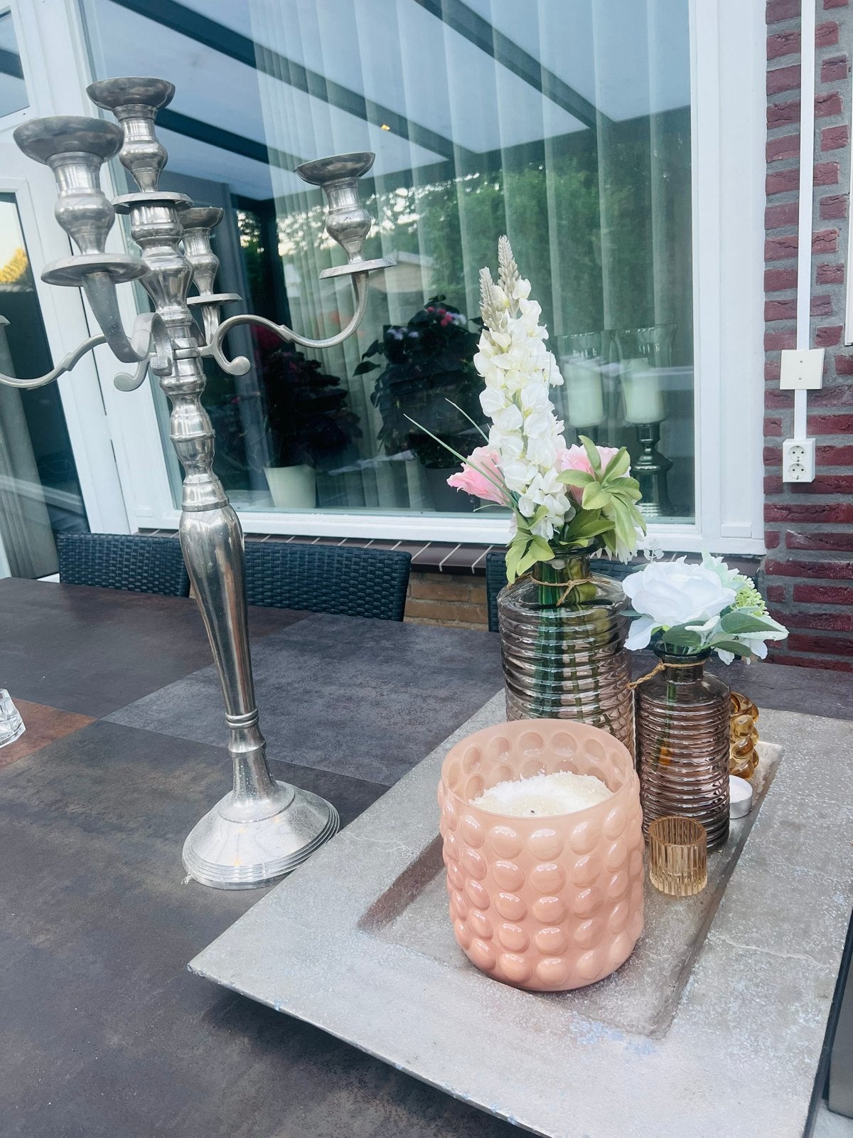 Zilverkleurige Kandelaar en Decoratie Dienblad van colmore, Gebruikt, Ophalen of Verzenden, Metaal, Grijs