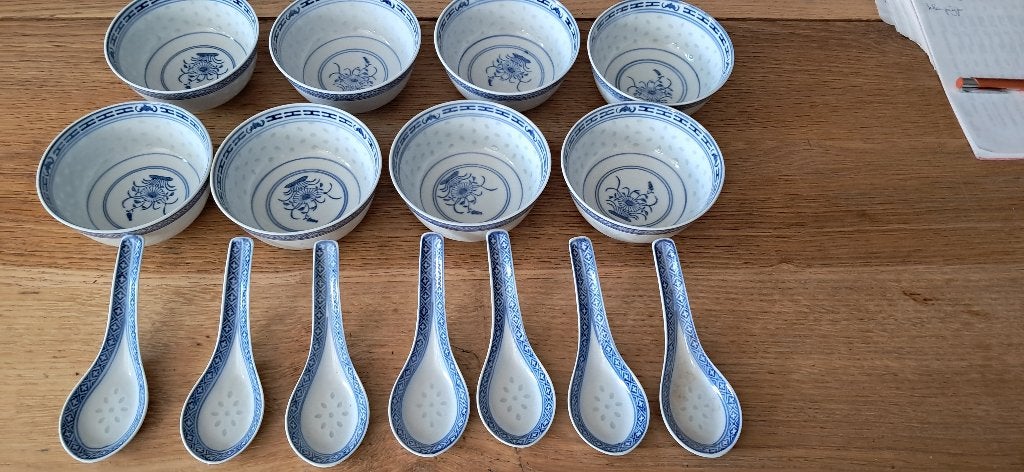 Set van 8 Chinese rijstkommen en lepels, blauw-wit, Ophalen of Verzenden