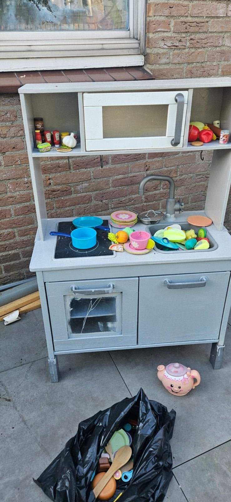 Grijze speelkeuken met accessoires, fornuis defect, Ophalen, Gebruikt, Hout, Speelkeuken