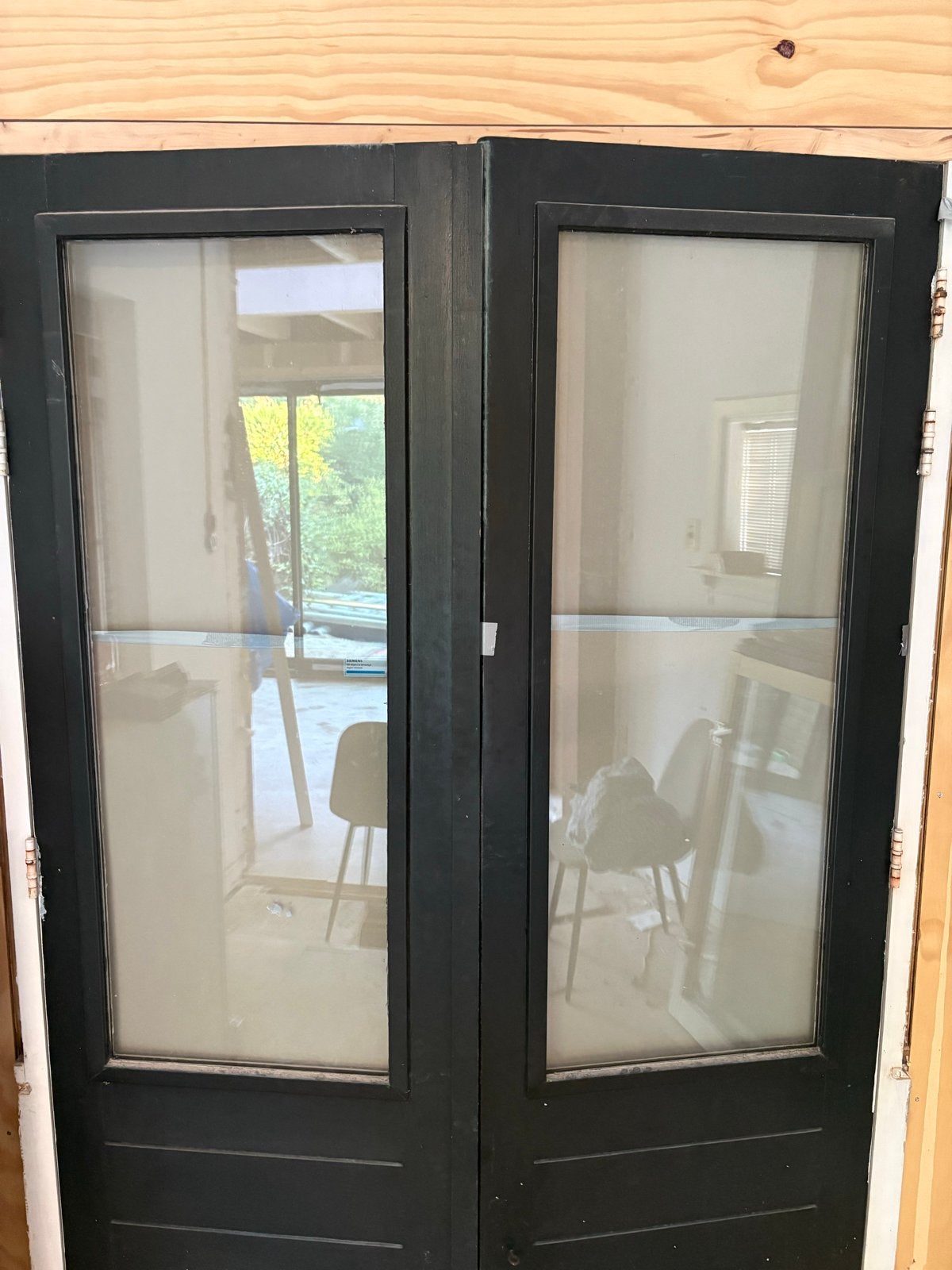 Donkergroene dubbele hardhouten deuren met glas, Doe-het-zelf en Verbouw, Deuren en Horren, Ophalen, Gebruikt, 120 cm of meer