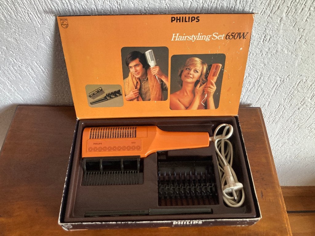 Twee vintage oranje Philips HP 4116 föhns in orginele doos, Ophalen of Verzenden, Zo goed als nieuw, Föhn of Haardroger