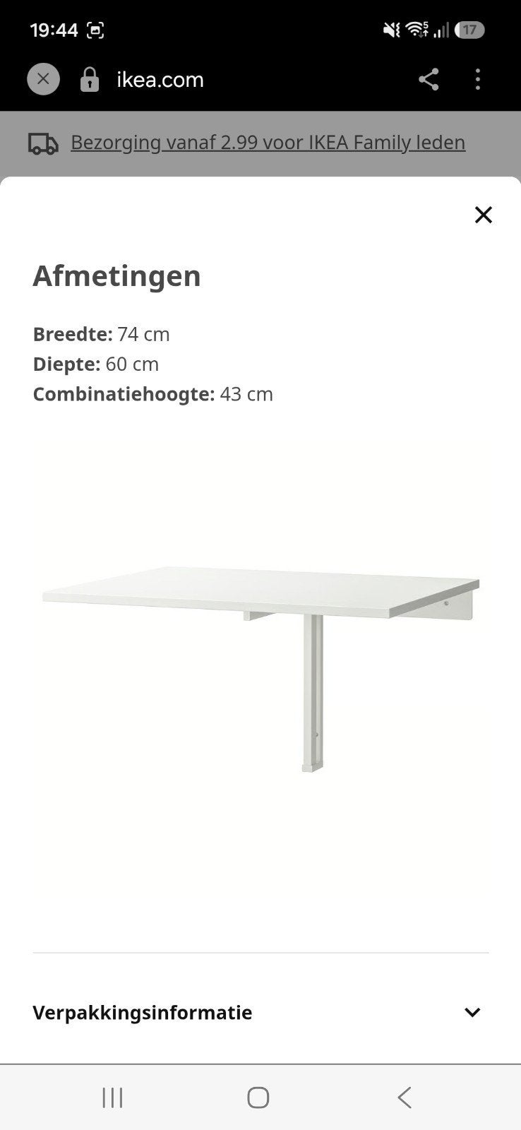 IKEA NORBERG Klaptafel voor wandmontage, wit, 74x60 cm, Ophalen, Overige materialen, 50 tot 100 cm, Modern, functioneel