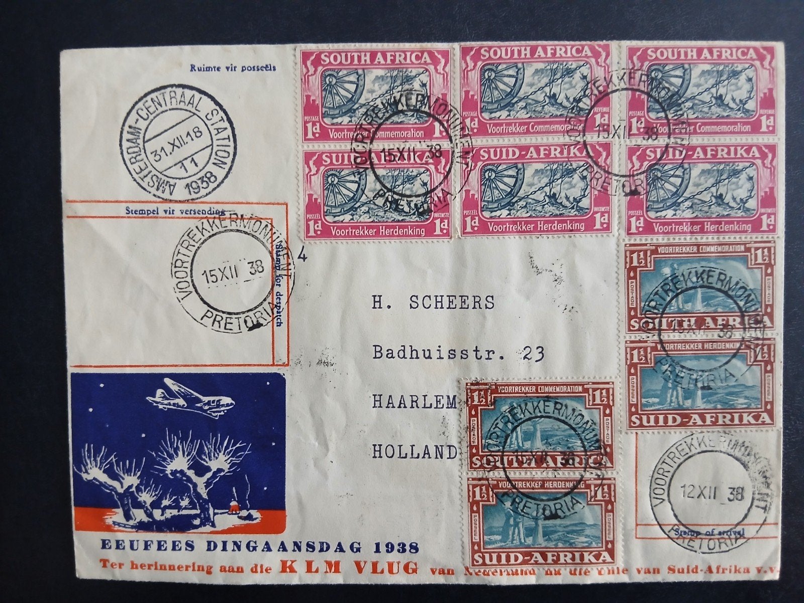 Envelop KLM vlucht - Pretoria - Haarlem 1938, Postzegels en Munten, Verzenden, Envelop