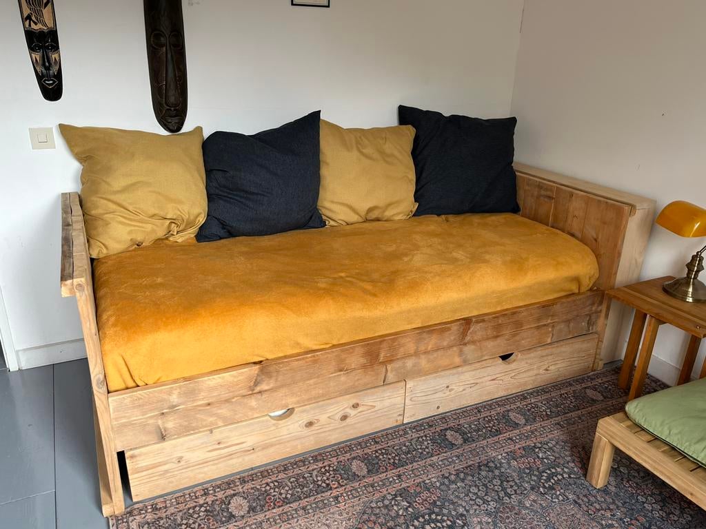 Bed/bedbank steigerhout met lades 90x200, Huis en Inrichting, Slaapkamer | Bedden, Ophalen, 90 cm, Eenpersoons, Steigerhout