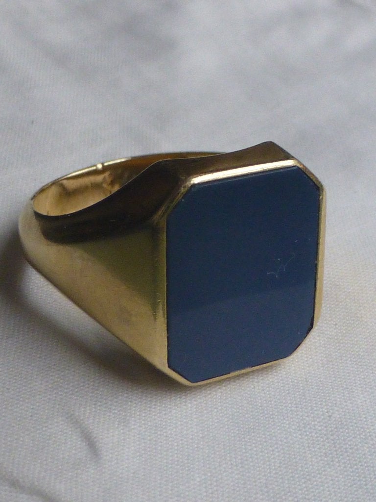 14 kt Gouden Zegelring met blauwe lagensteen Agaat, Verzenden, 19 tot 20, Heer, Zo goed als nieuw