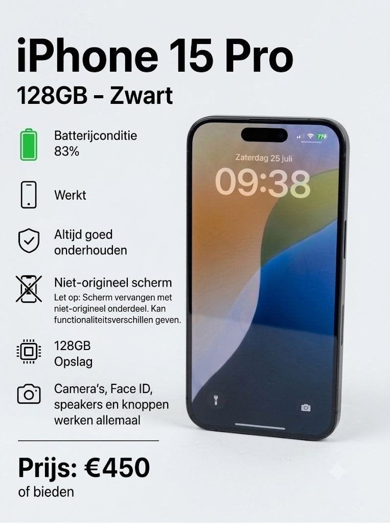 iPhone 15 Pro 128GB zwart, compleet met doos, Telecommunicatie, Mobiele telefoons | Apple iPhone, 83 %, 128 GB, Zwart, Ophalen of Verzenden
