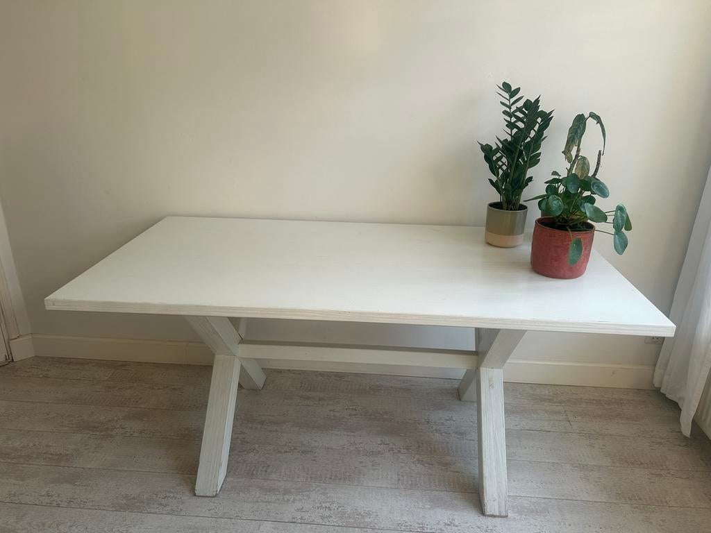 Houten eet of werktafel wit, Huis en Inrichting, Tafels | Eettafels, Ophalen, Gebruikt, Eikenhout, Vijf personen of meer