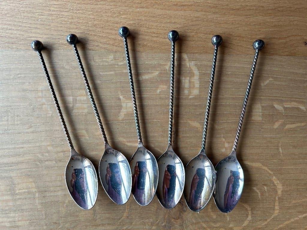 Zes verzilverde (100) theelepels met getorste steel, Theelepel, Ophalen of Verzenden, Zo goed als nieuw, Overige merken