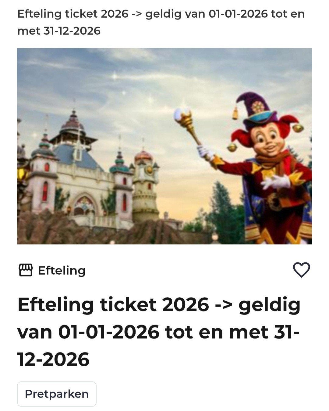efteling tickets tekoop, Tickets en Kaartjes, Drie personen of meer, Ticket of Toegangskaart
