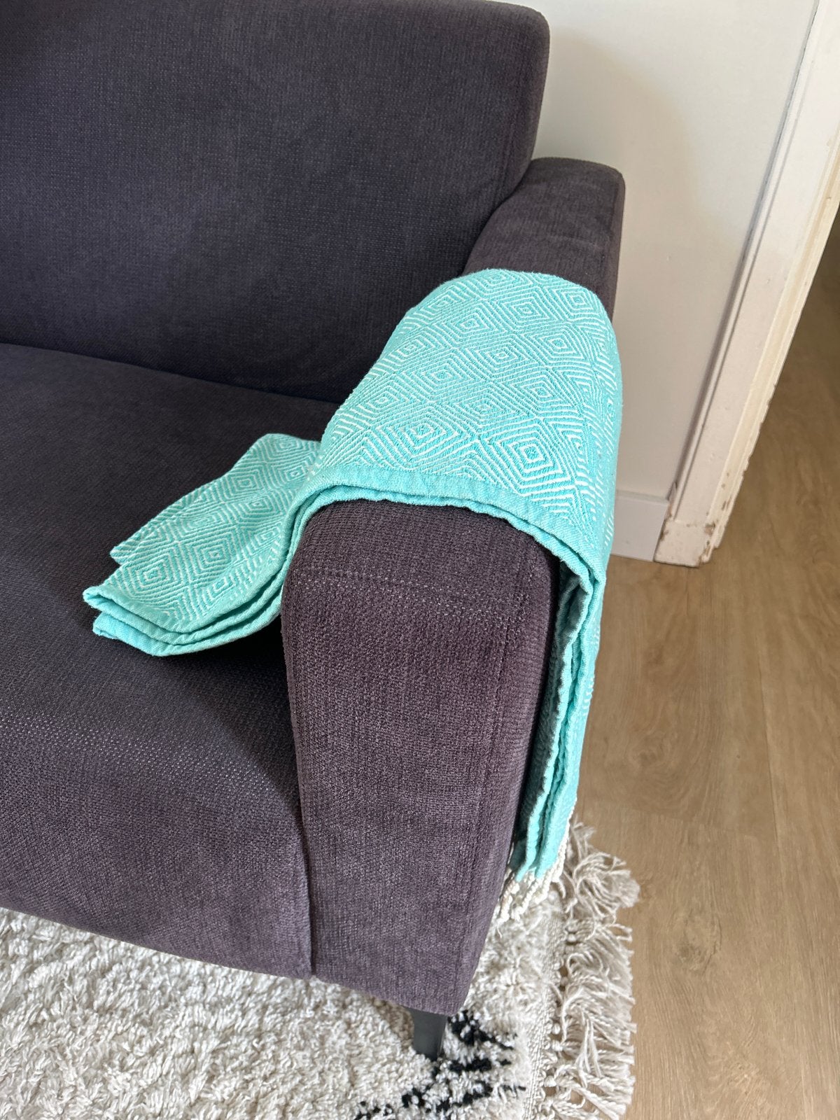 Turquoise plaid met ruitpatroon en franjes, Overige merken, Meerkleurig, Met print, Nieuw