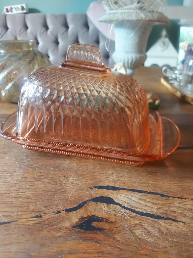 Mooie oude Art-Deco oranje/roze glazen kaas stolp Leerdam?, Ophalen of Verzenden