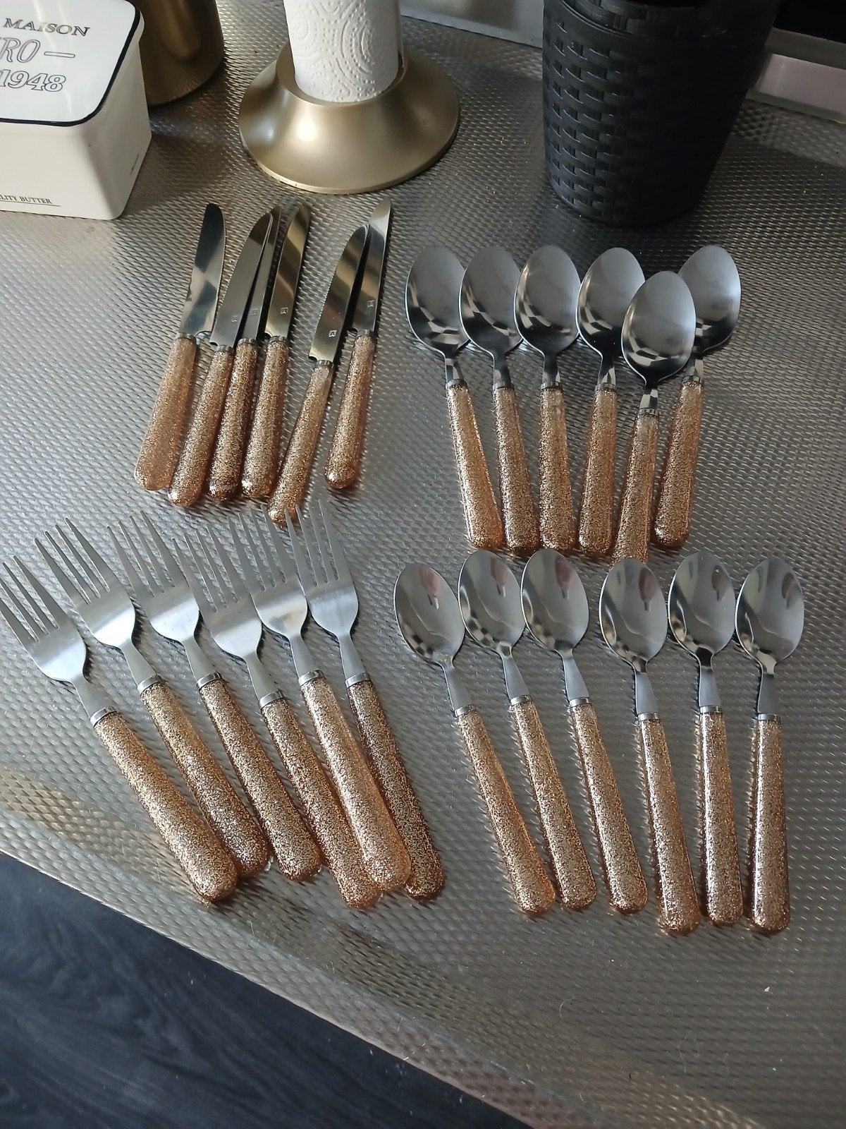 24-delig Bestekset met Glitter gouden Handvatten, Huis en Inrichting, Bestekset, Overige typen, Ophalen of Verzenden, Zo goed als nieuw