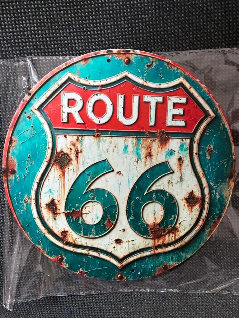 Route 66 Blikken Decoratie Bord - 20 cm Doorsnee, Vintage, Meerkleurig, Nieuw, Ophalen of Verzenden
