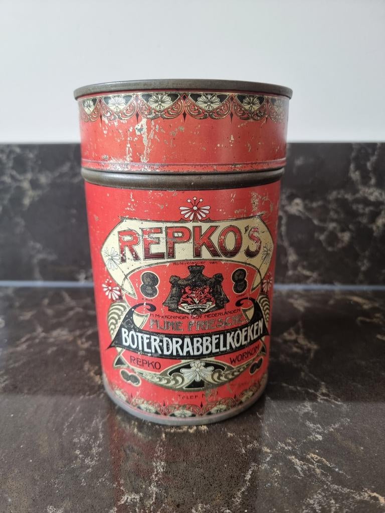 Antiek Blikje Repko 's Boter en Drabbelkoeken uit Workum, Ophalen of Verzenden, Gebruikt, Overige, Overige merken
