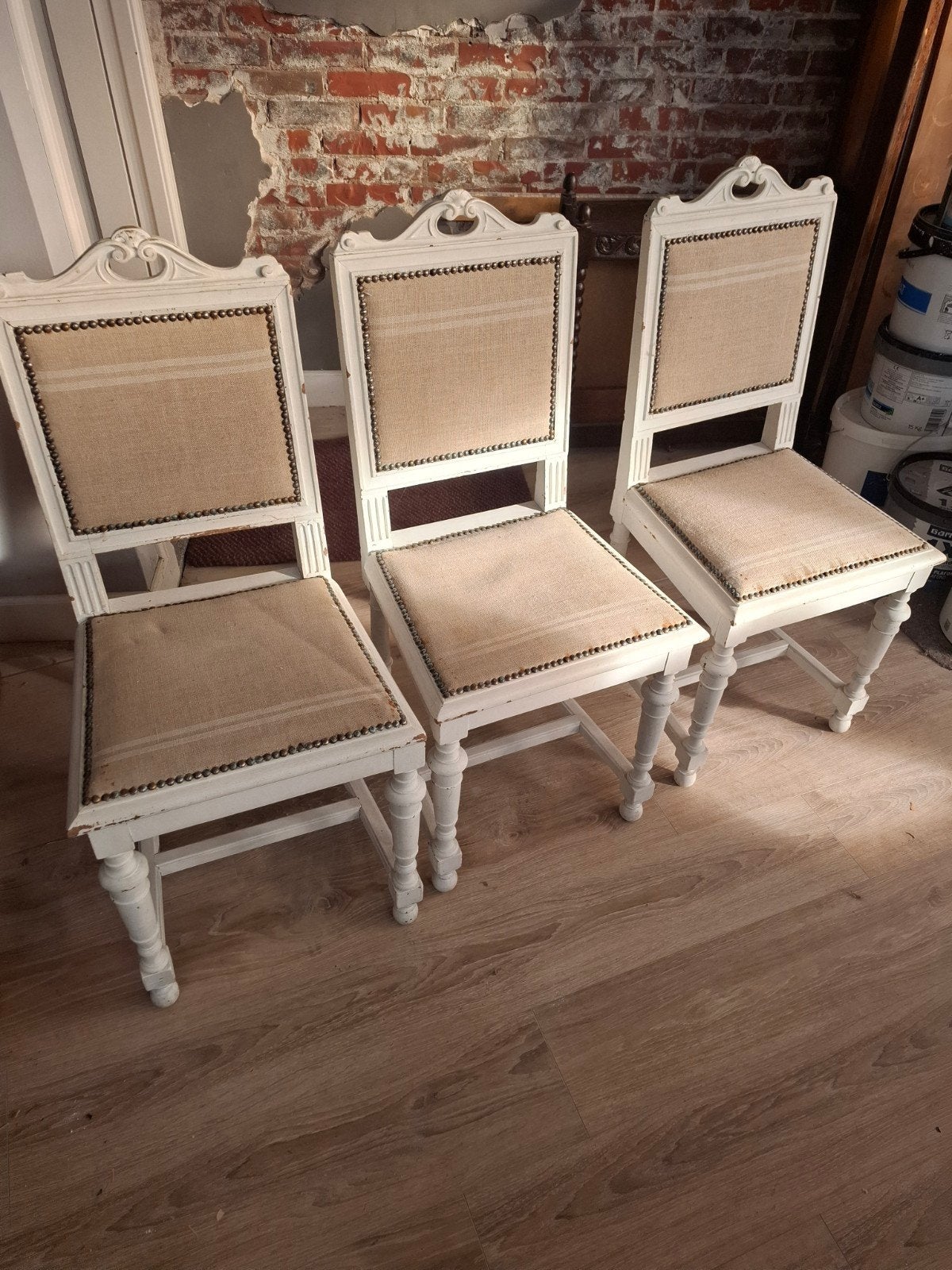 Set van 4 Brocante Stoelen - Wit met Linnen Bekleding, Ophalen