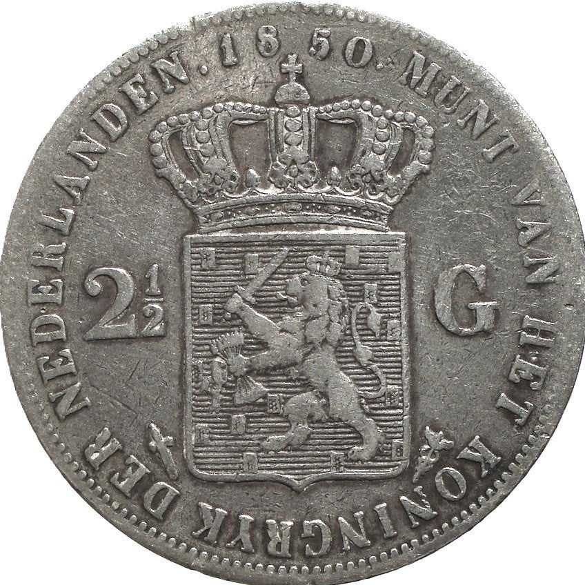 Nederland 2,5 gulden 1850 (zilver), Koning Willem III, Zilver, Ophalen of Verzenden, Losse munt
