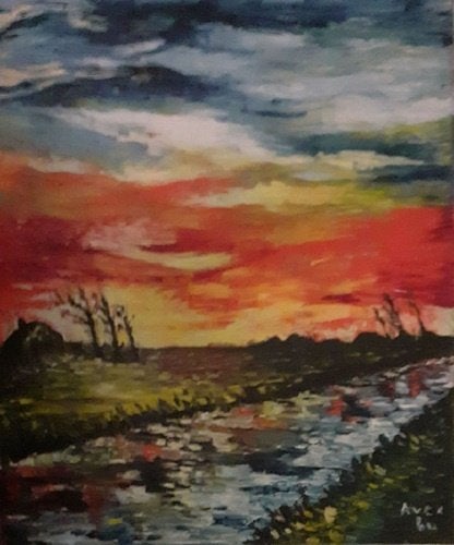 Kunsthandel Gennep - "Landschap Zonsondergang", Antiek en Kunst, Ophalen of Verzenden, Hout, Gesigneerd, Olieverf