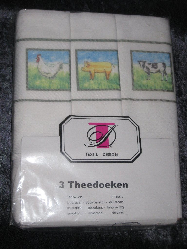 Theedoeken Farmer 3 Stuks Koe/Varken/Kip/Schaap, Huis en Inrichting, Keuken | Textiel, Nieuw, Tafelkleed of Tafelzeil, Ophalen