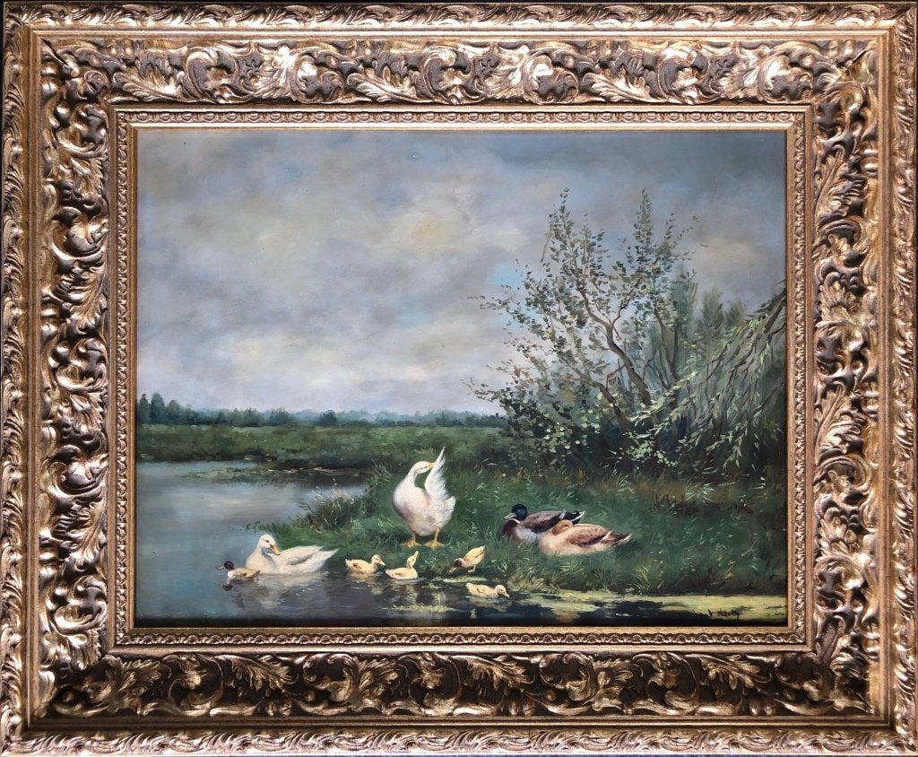 "Eendenfamilie" op fraaie wijze weggezet (Artz stijl), Antiek en Kunst, Kunst | Schilderijen | Klassiek, Doek, Dieren, Ophalen of Verzenden