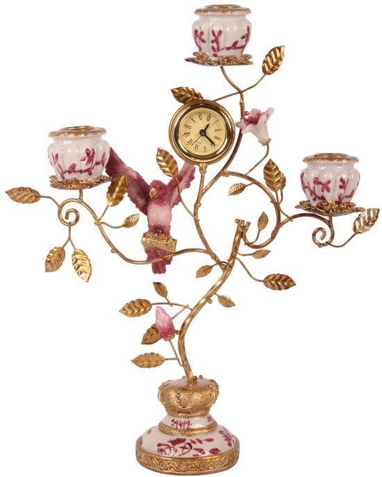 Barok Kandelaar Papegaai met Klok - Rood Resin 32cm, Kunststof, Dutch Style, 32 cm, Ophalen of Verzenden